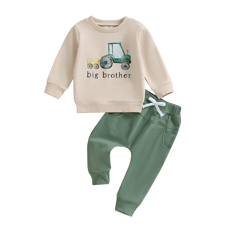 Boys' Autumn 2-Piece Tractor Print Top and Pants Set