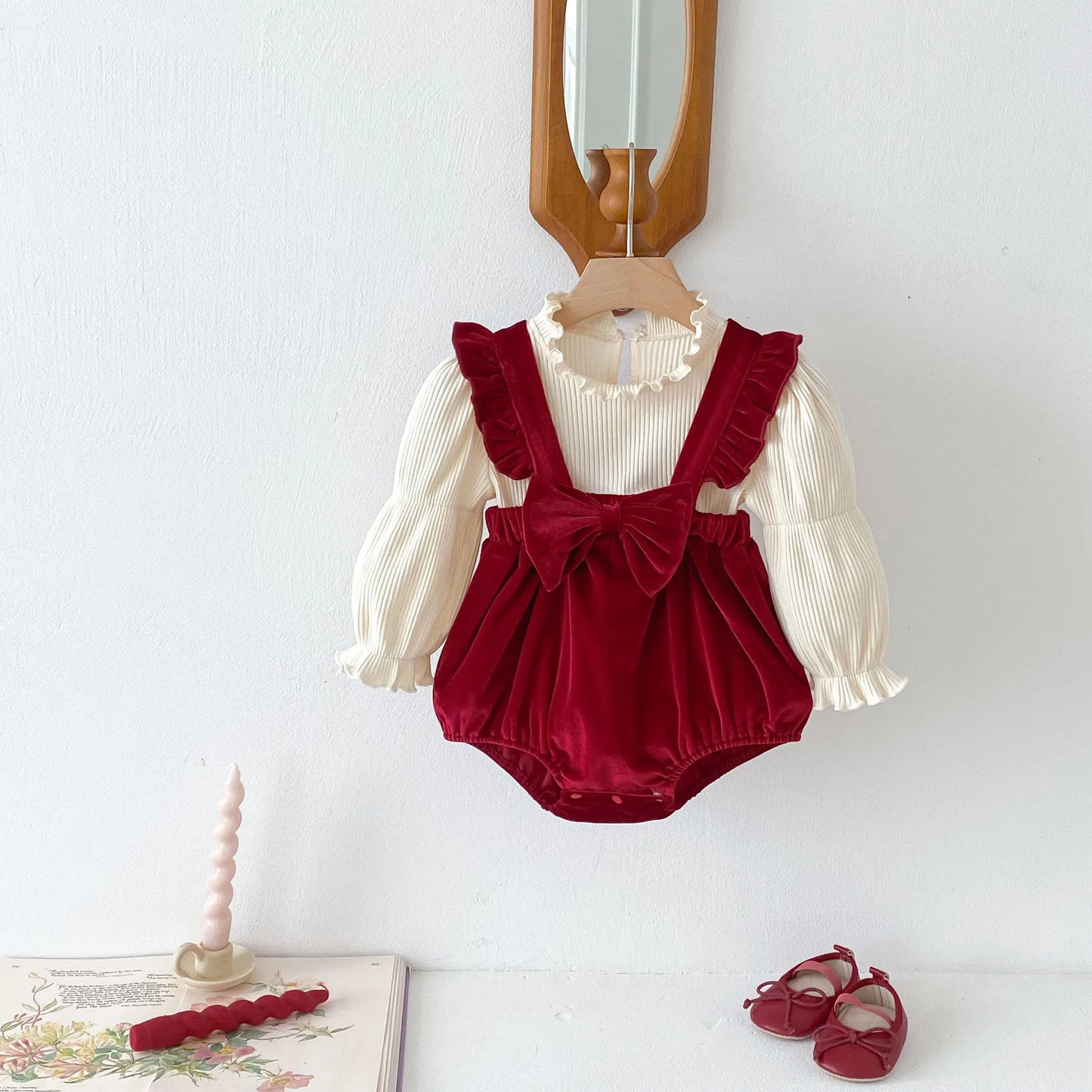 Burgundy Velvet Baby Romper with Bow and Ruffle 0-24M