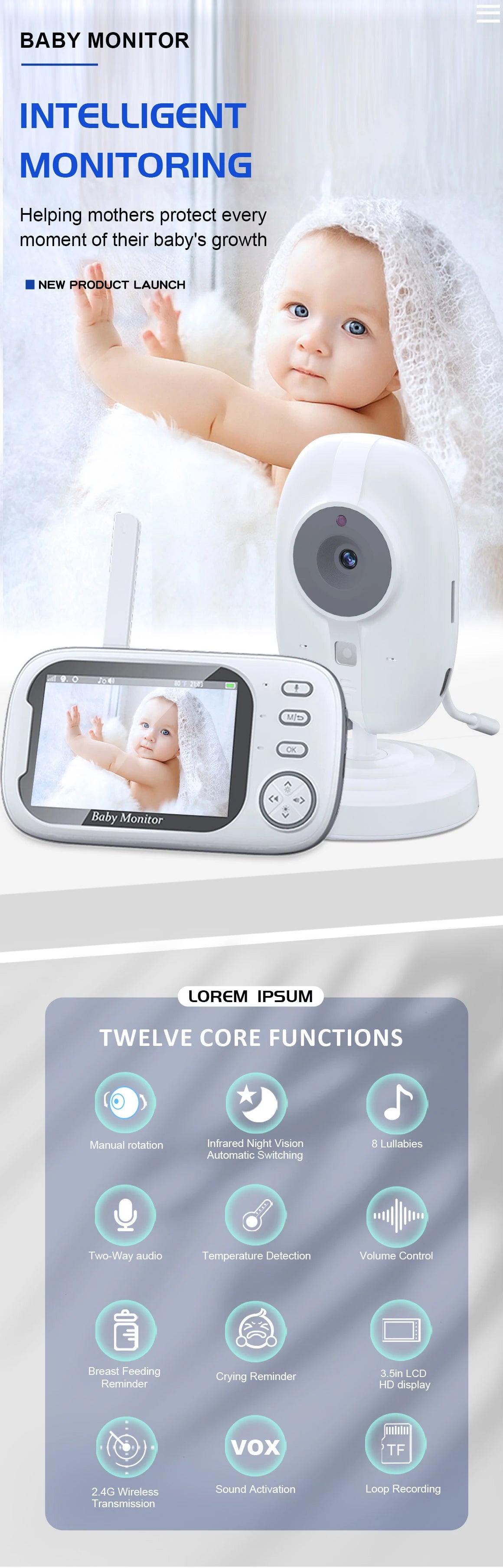 3.5 Inch Wireless Video Baby Monitor with Night Vision & Audio
