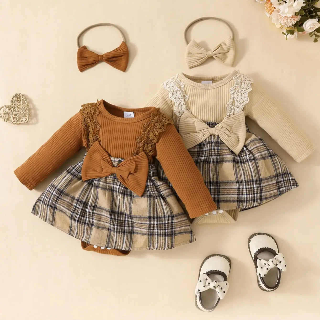 Plaid Long Sleeve Jumpsuit with Bow for Baby Girls 0-18M