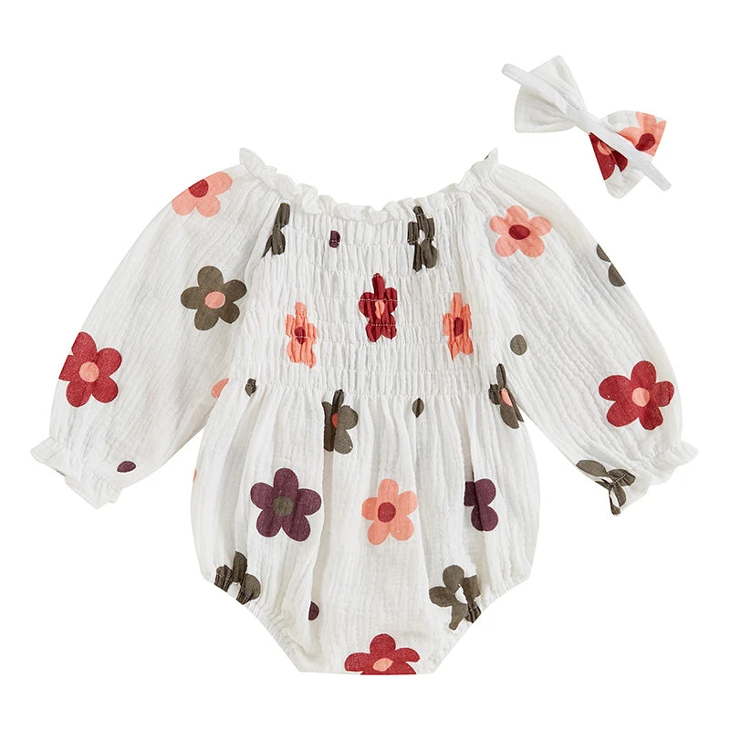 Autumn Floral Ruffled Bodysuit Set for Baby Girls with Headband