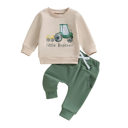 Boys' Autumn 2-Piece Tractor Print Top and Pants Set