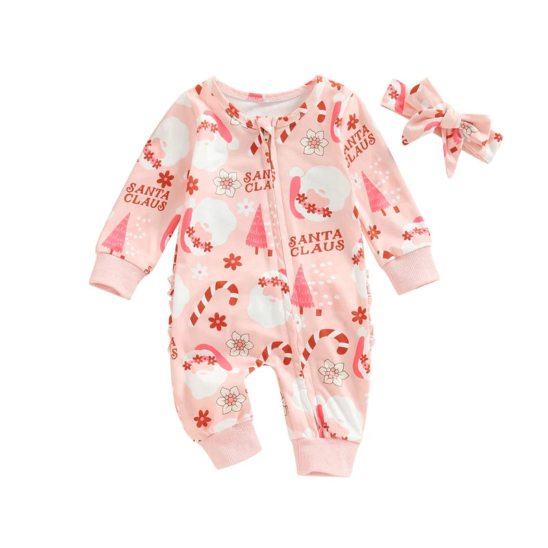 Christmas Baby Girls Jumpsuit Set with Headband and Print