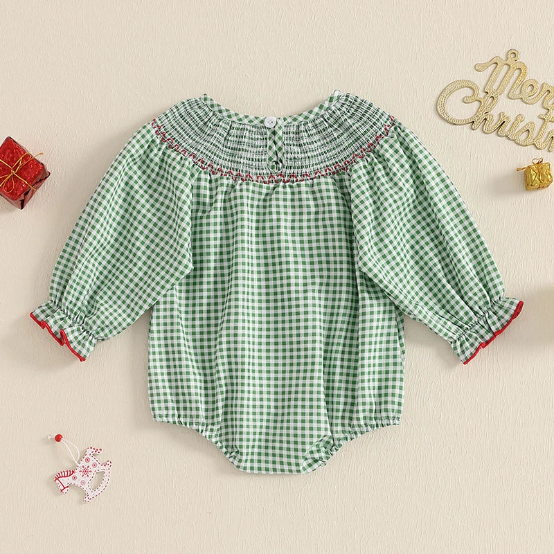 Baby Girl Christmas Plaid Bubble Romper with Embroidery