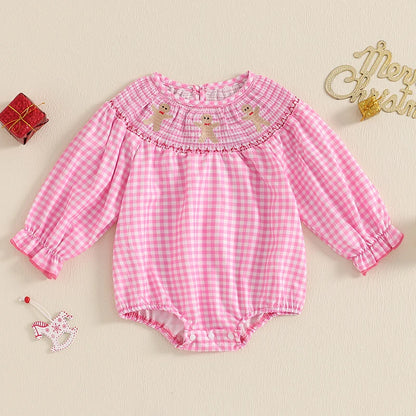 Baby Girl Christmas Plaid Bubble Romper with Embroidery