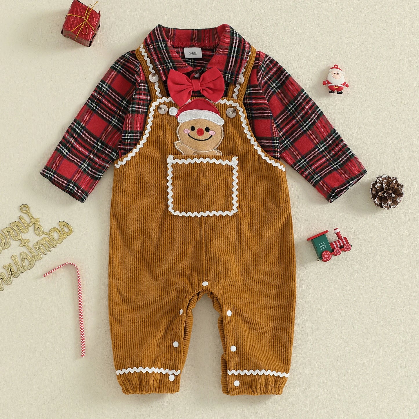 Baby Boys Christmas Plaid Romper with Gingerbread Embroidery