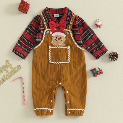 Baby Boys Christmas Plaid Romper with Gingerbread Embroidery