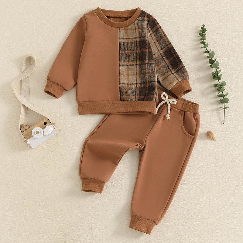 Kids Autumn Plaid Outfit Set with Long Sleeve Tops and Pants