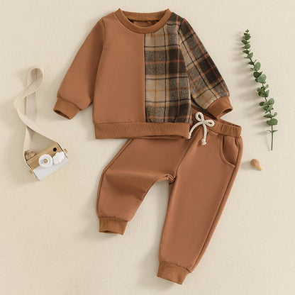 Kids Autumn Plaid Outfit Set with Long Sleeve Tops and Pants