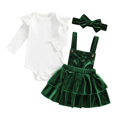 Newborn Baby Girl Christmas Romper Skirt Set with Headband