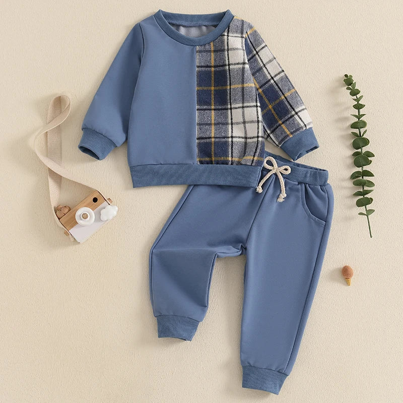Kids Autumn Plaid Outfit Set with Long Sleeve Tops and Pants