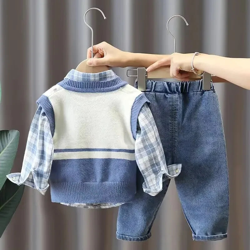 Boys' 3-Piece Autumn Outfit Set: Vest, Shirt & Jeans