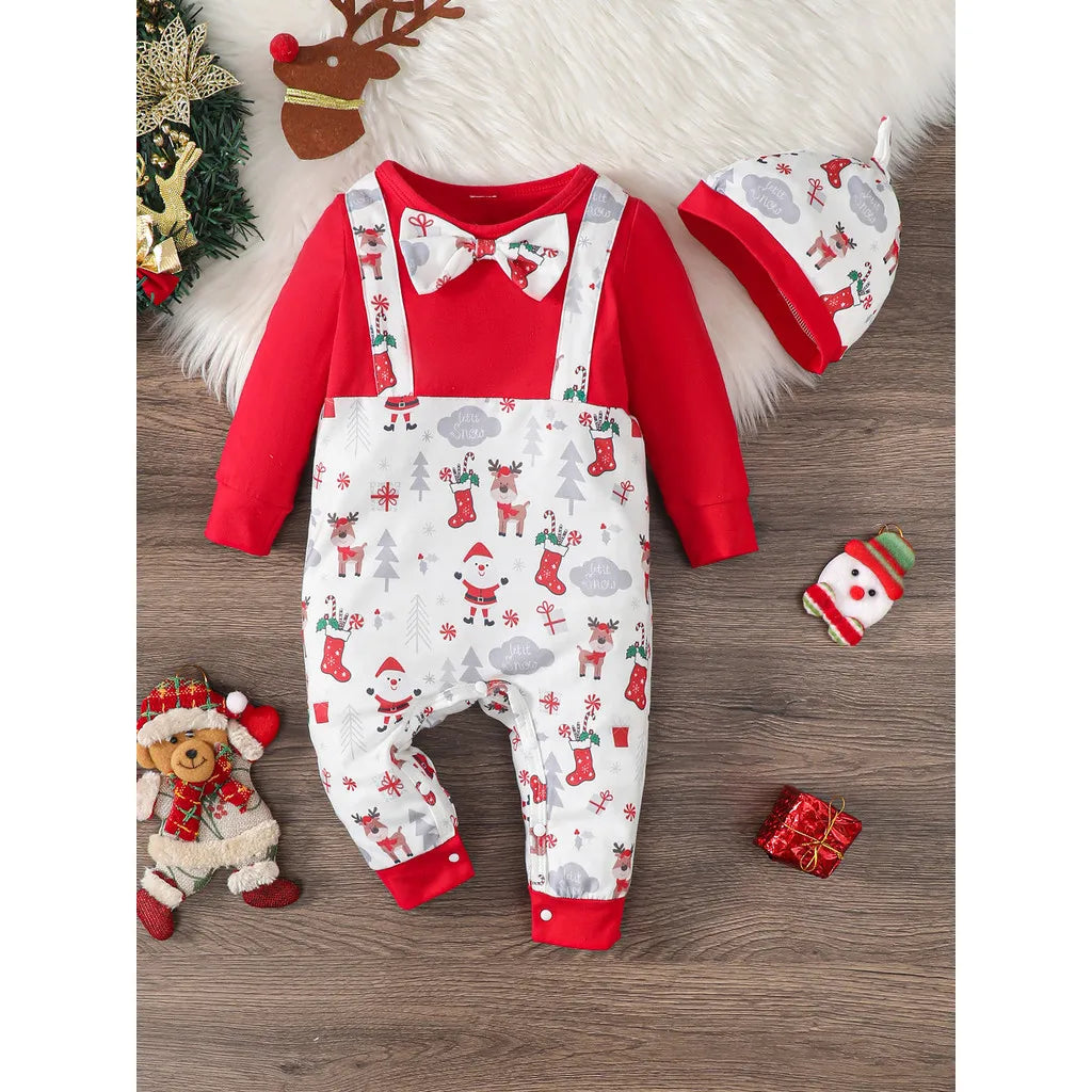 Santa Print Baby Boy Christmas Romper and Hat Set 0-2 Years