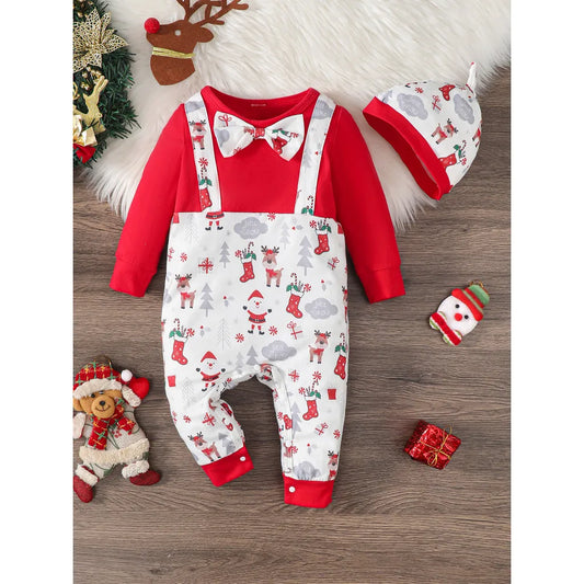 Santa Print Baby Boy Christmas Romper and Hat Set 0-2 Years
