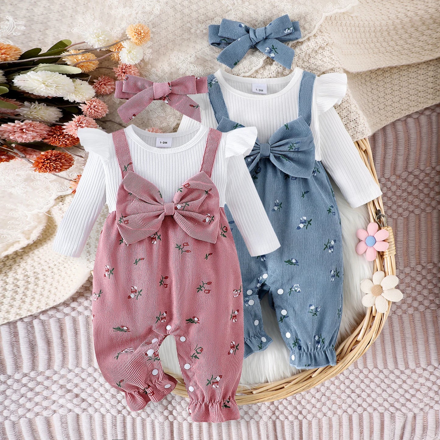 Floral Long Sleeve Romper Set for Baby Girls with Bow Headband