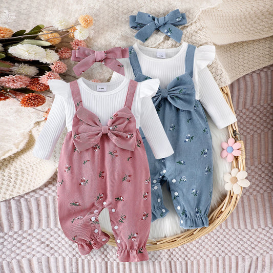 Floral Long Sleeve Romper Set for Baby Girls with Bow Headband
