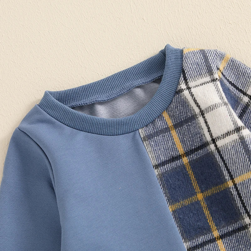 Kids Autumn Plaid Outfit Set with Long Sleeve Tops and Pants