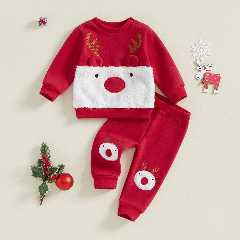 Reindeer Embroidered Toddler Christmas Outfit 2-Piece Set