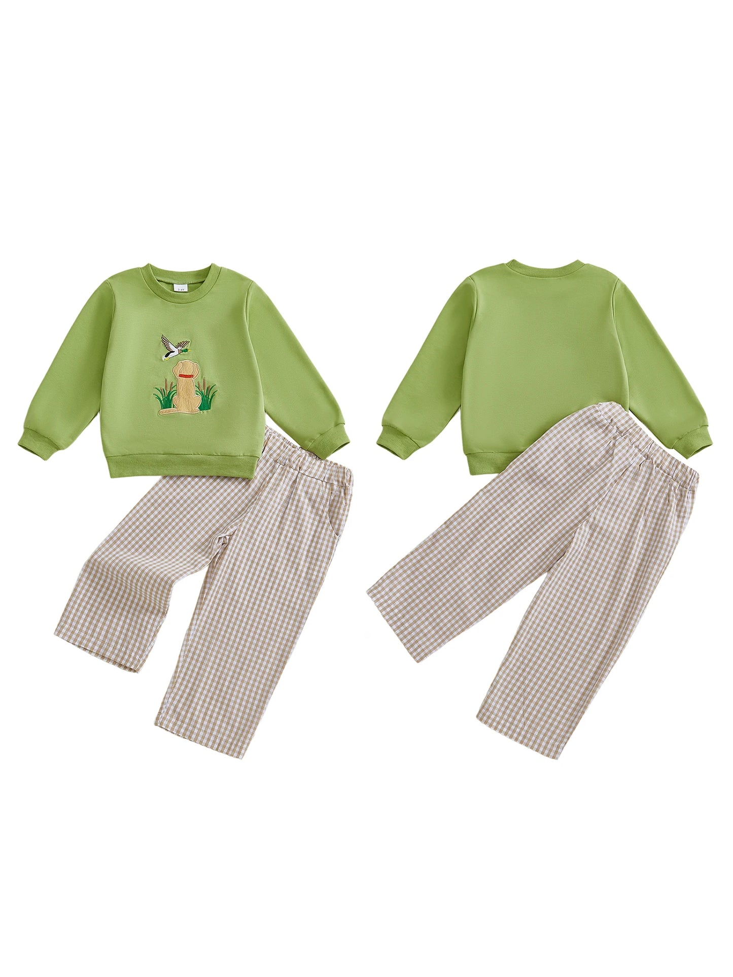 Boys' Long Sleeve Duck Embroidery Top & Plaid Pants Set
