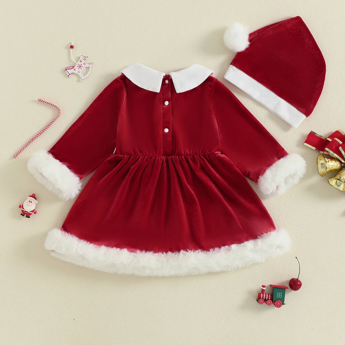 Baby Girl Christmas Velvet Dress with Santa Hat Set
