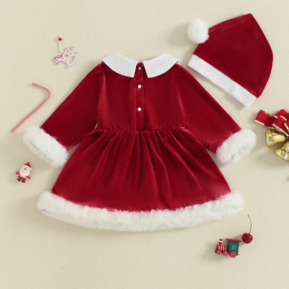 Baby Girl Christmas Velvet Dress with Santa Hat Set