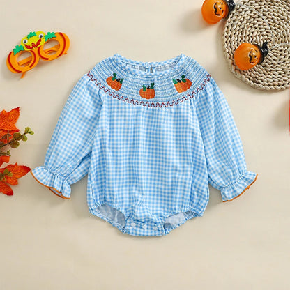 Baby Girl Christmas Plaid Bubble Romper with Embroidery