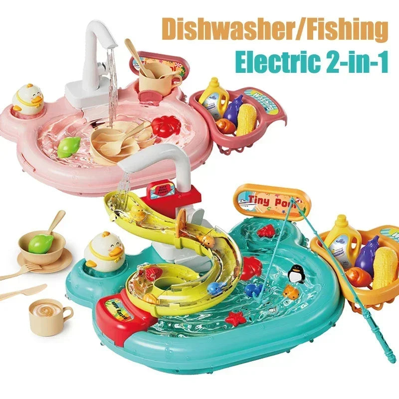 Kids Kitchen Dishwashing Basin & Fishing Pretend Play Set