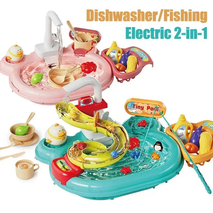 Kids Kitchen Dishwashing Basin & Fishing Pretend Play Set