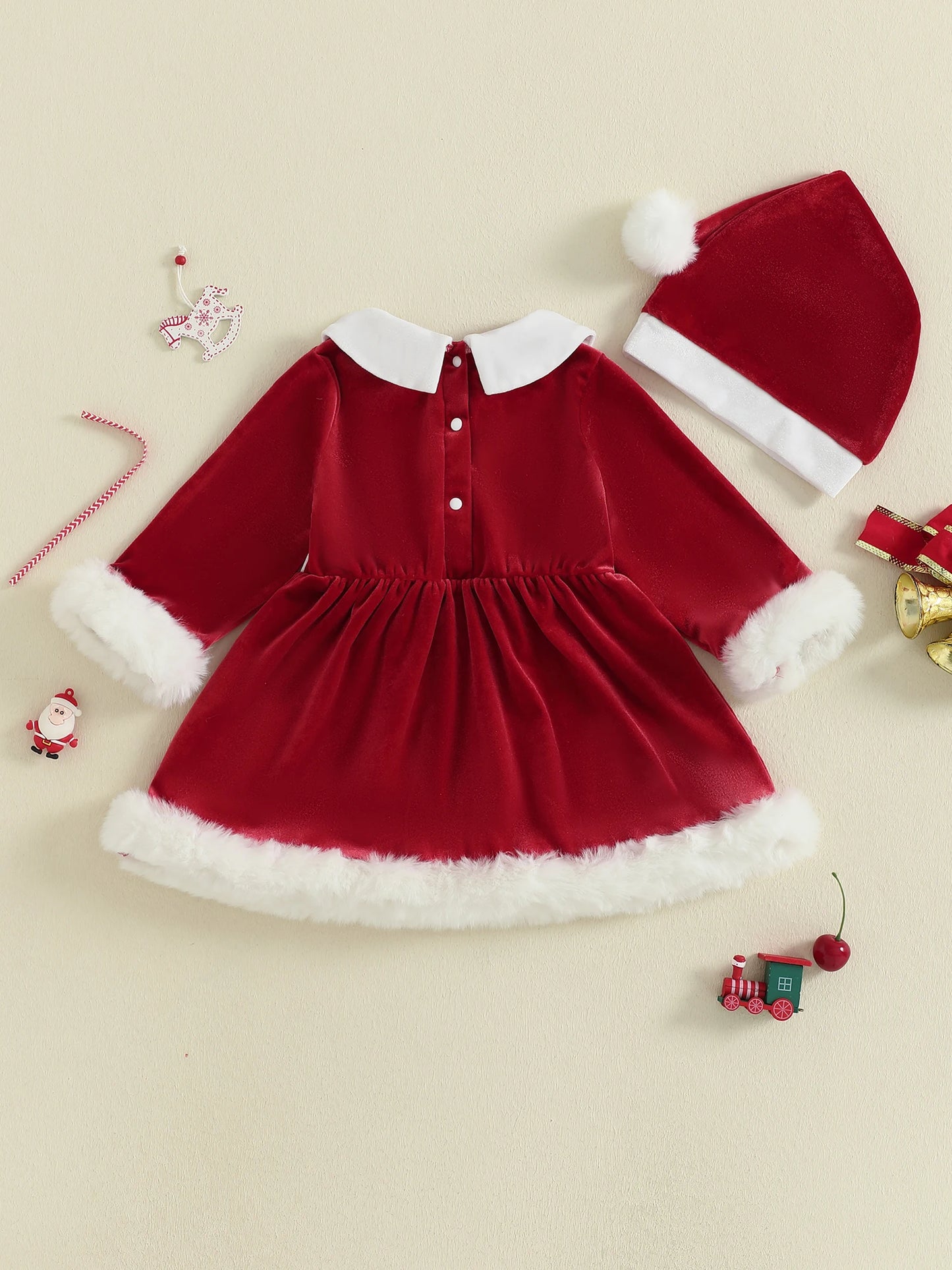 Baby Girl Christmas Velvet Dress with Santa Hat Set