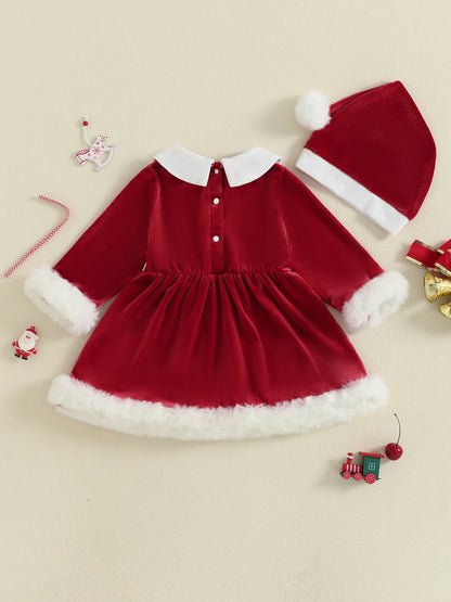 Baby Girl Christmas Velvet Dress with Santa Hat Set