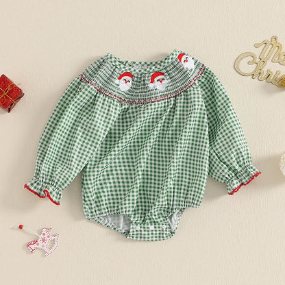 Baby Girl Christmas Plaid Bubble Romper with Embroidery