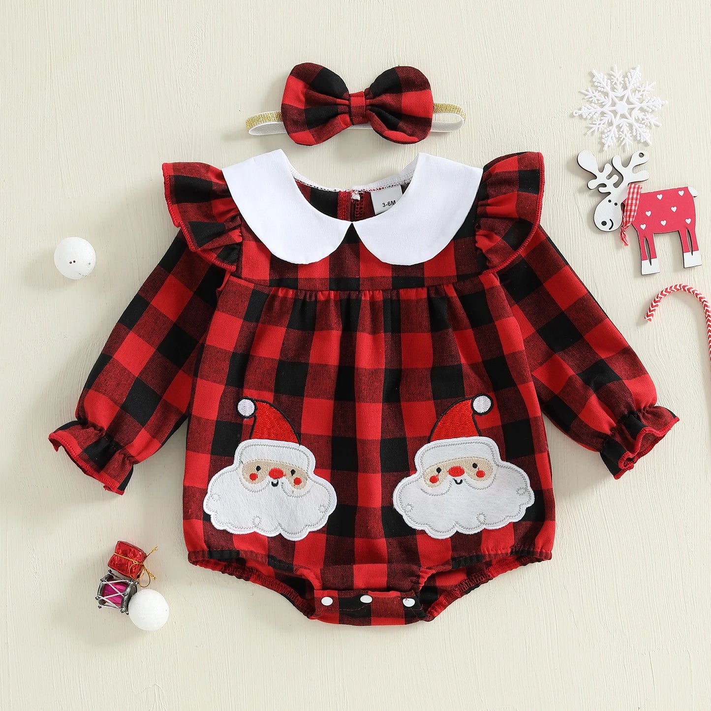 Baby Girls Plaid Romper with Embroidered Collar & Headband Set