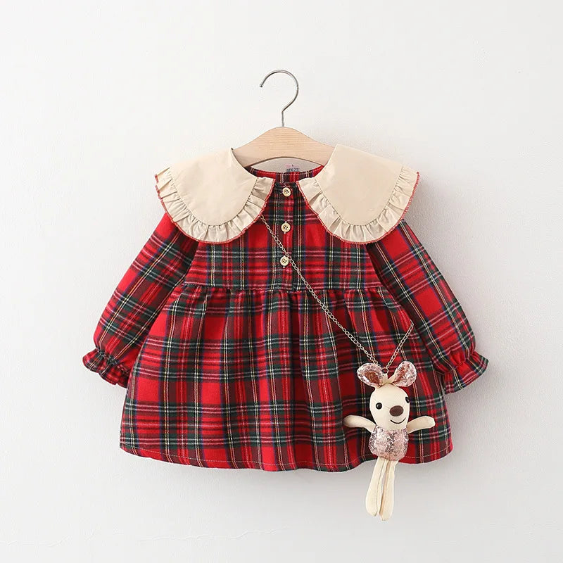 Red Plaid Baby Dress Set with Rabbit Doll for Girls