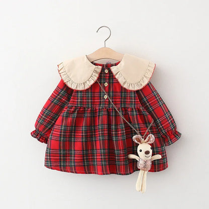 Red Plaid Baby Dress Set with Rabbit Doll for Girls