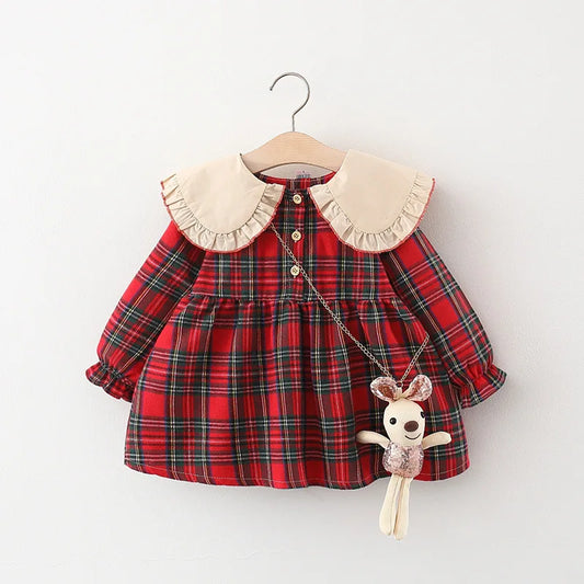 Red Plaid Baby Dress Set with Rabbit Doll for Girls