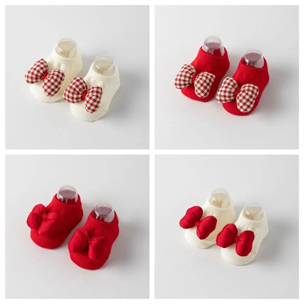 Cotton Baby Socks with Red Bow for Newborns 0-3 Years