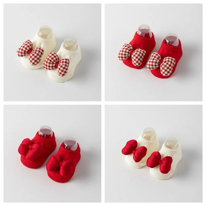 Cotton Baby Socks with Red Bow for Newborns 0-3 Years