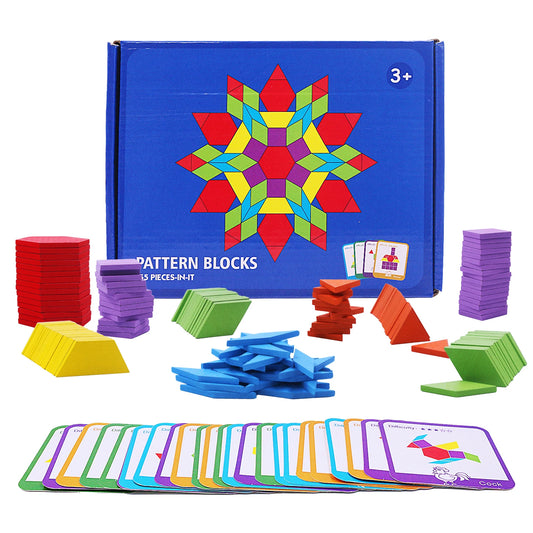 Wooden Geometric Pattern Blocks Set for Kids - 155 Pieces