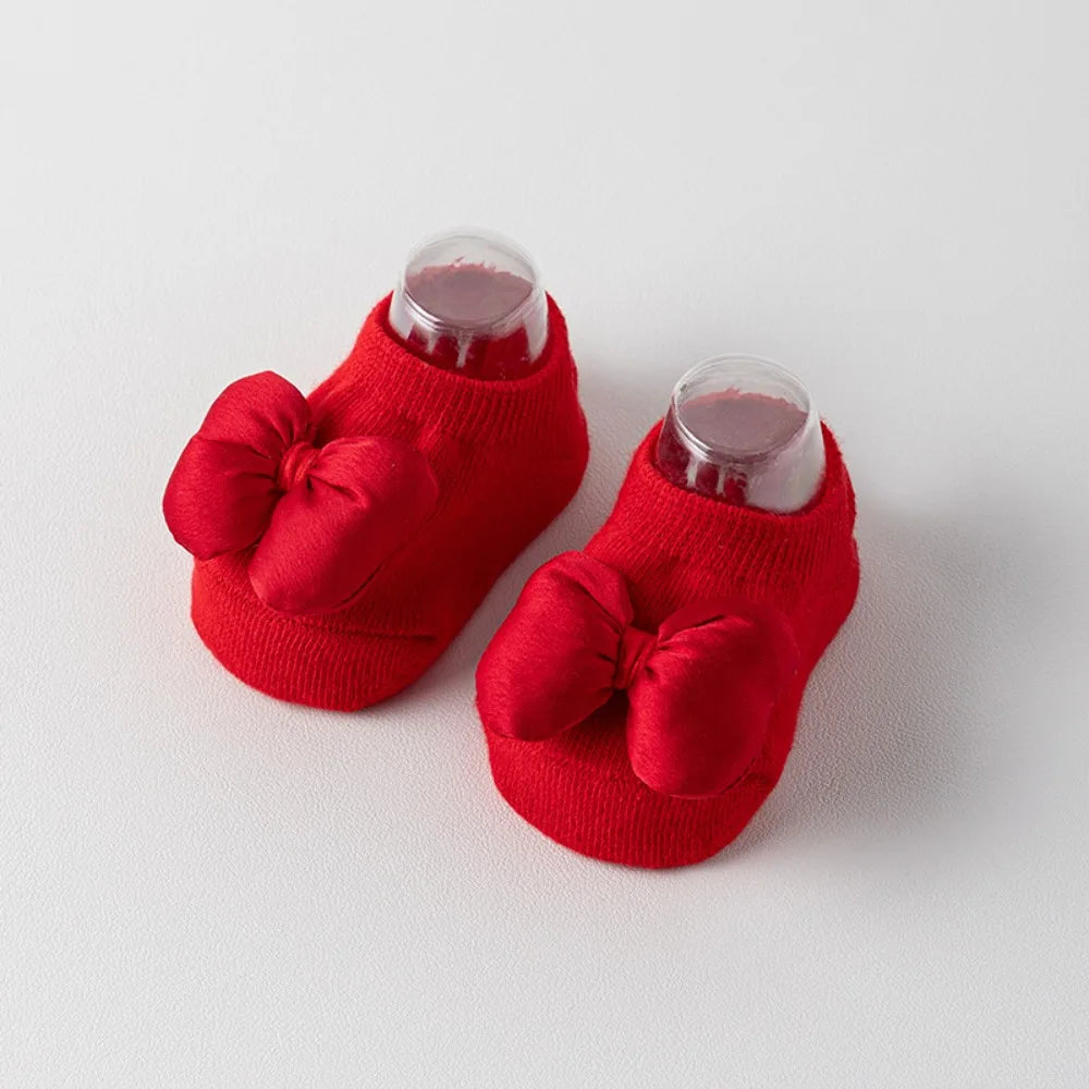 Cotton Baby Socks with Red Bow for Newborns 0-3 Years