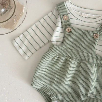 2-Piece Baby Crawling Suit Set in Green and White for 0-18 Months