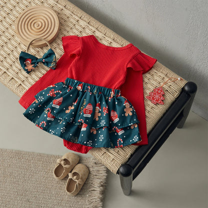 Christmas Baby Girls Long Sleeve Romper Dress with Headband