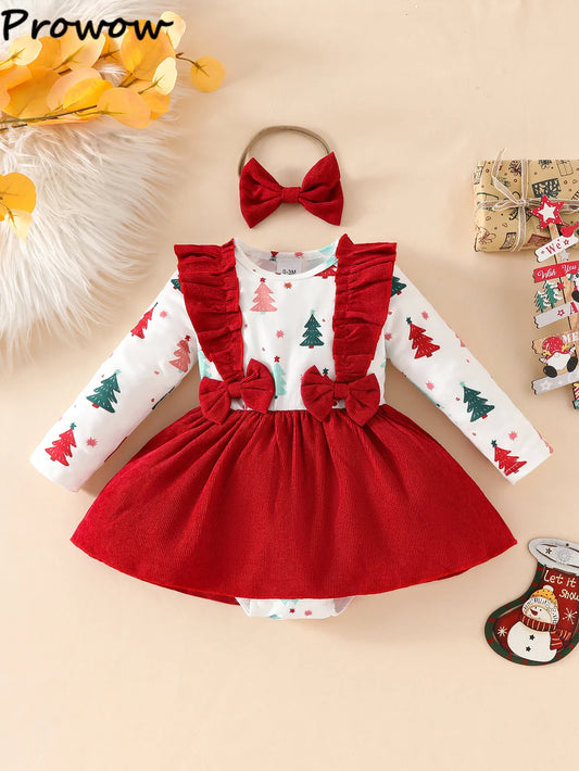 Tree Print Red Corduroy Baby Girl Dress for New Year's Eve