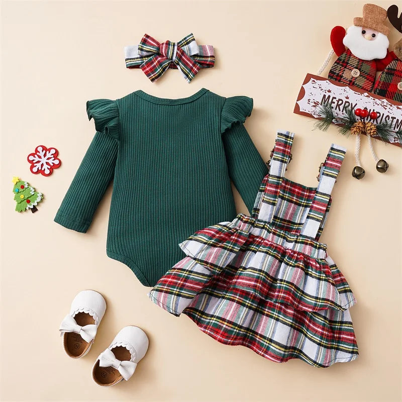 Baby Girl Christmas Outfit Set with Ruffle Romper & Skirt
