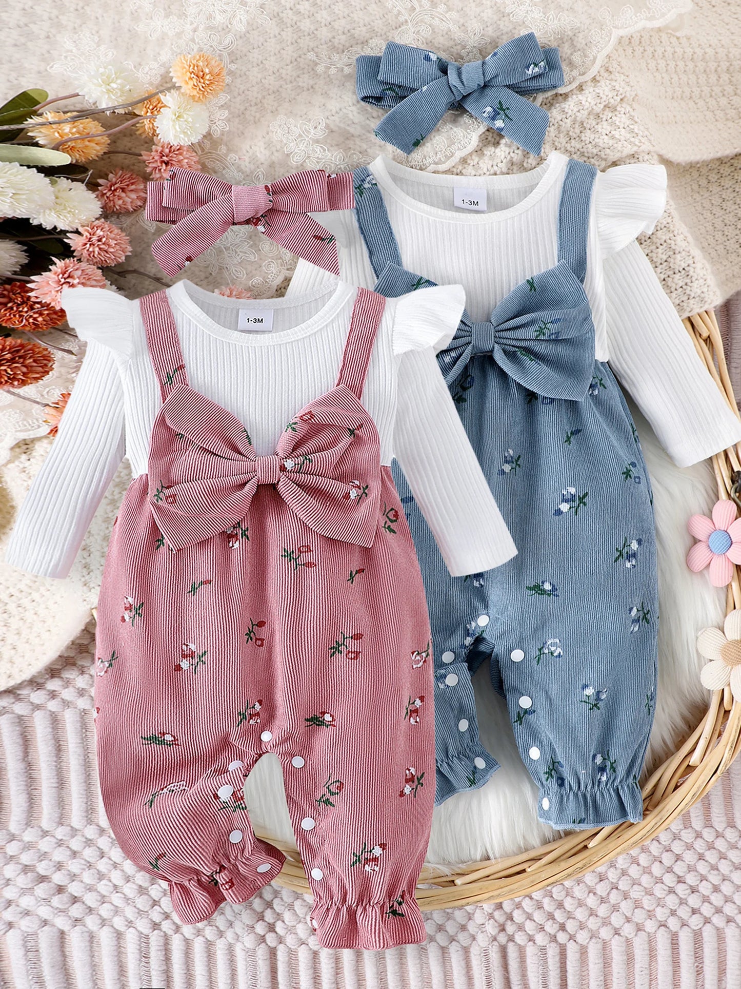 Floral Long Sleeve Romper Set for Baby Girls with Bow Headband