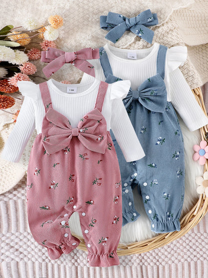 Floral Long Sleeve Romper Set for Baby Girls with Bow Headband