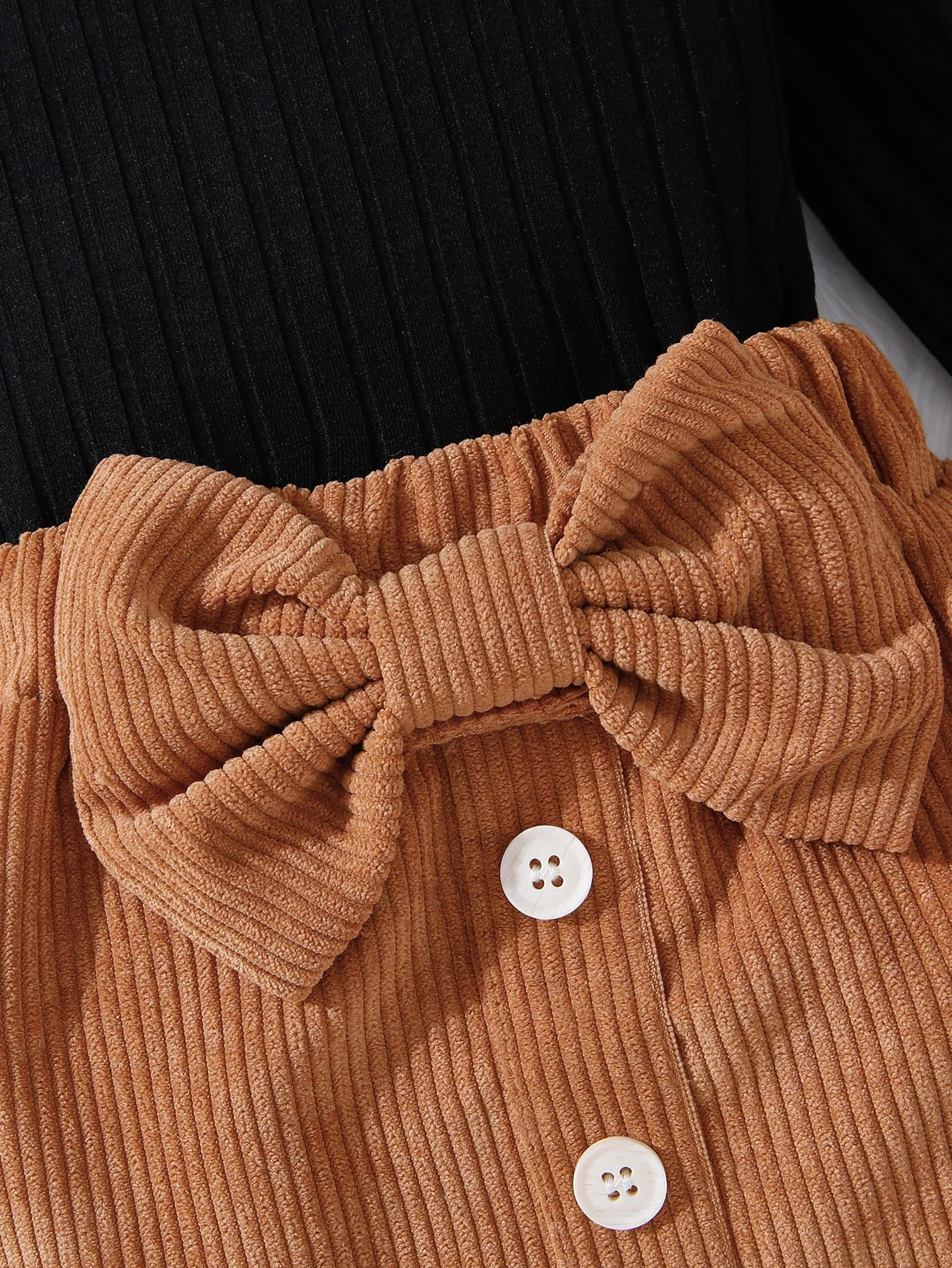 Black Long Sleeve Top & Bow Corduroy Skirt Set for Fall