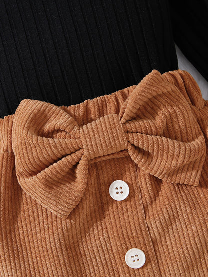 Black Long Sleeve Top & Bow Corduroy Skirt Set for Fall