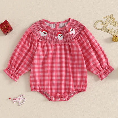 Baby Girl Christmas Plaid Bubble Romper with Embroidery