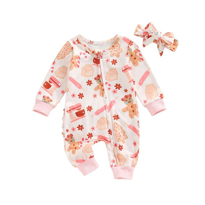 Christmas Baby Girls Jumpsuit Set with Headband and Print