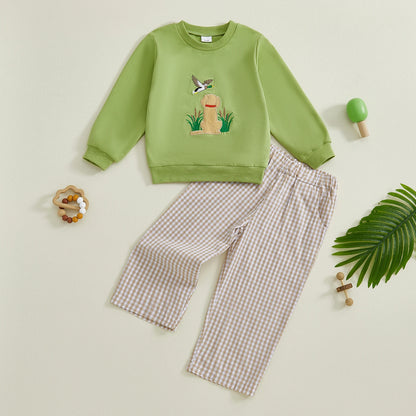 Boys' Long Sleeve Duck Embroidery Top & Plaid Pants Set